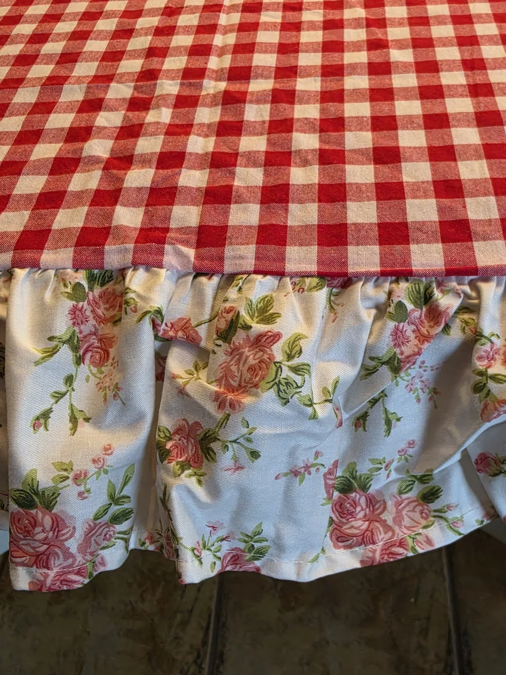 Red and White Gingham Tablecloth with Floral Ruffle